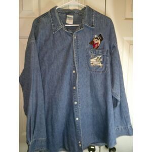 Vintage Warner Bros Denim Shirt‎ Taz Embroidered Pocket Button Up Men's XXL